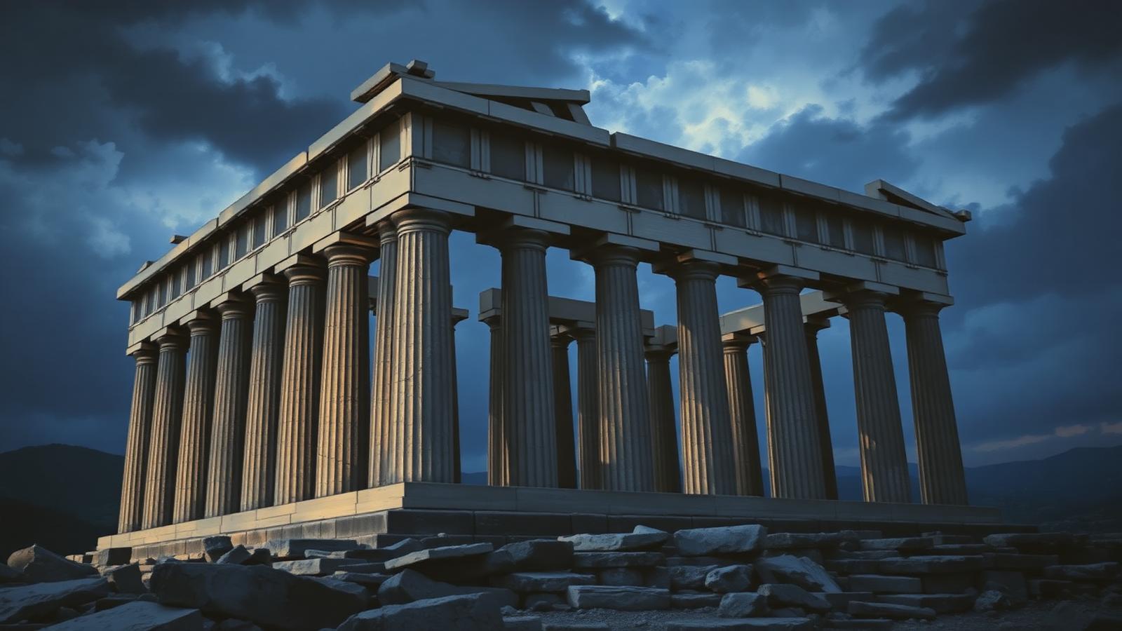 An ancient Greek temple standing under a dark, brooding sky